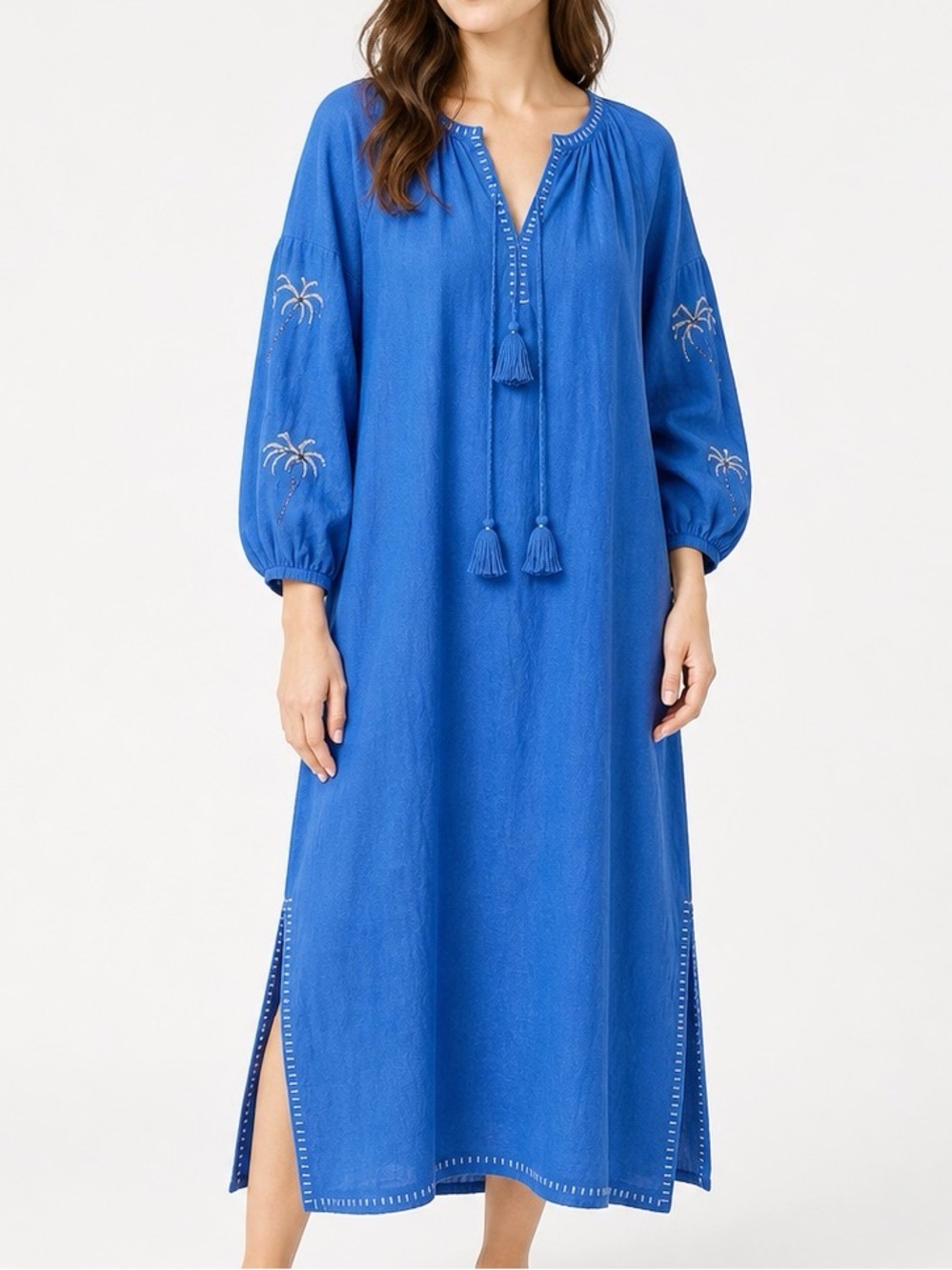 Benaras by Citrus Blue Linen Dress M/L Embroidered Palm Tree Long Boho Beach